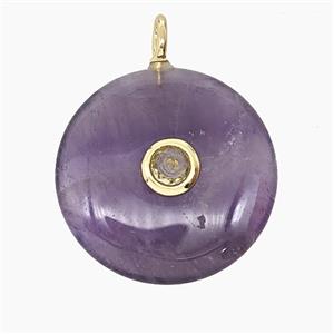 Natural Purple Amethyst Coin Pendant Pave Zirconia, approx 25mm
