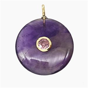Natural Purple Amethyst Coin Pendant Pave Zirconia, approx 25mm