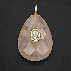 Natural Clear Crystal Quartz Teardrop Pendant Pave Zirconia Faceted, approx 18-25mm