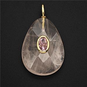 Natural Clear Crystal Quartz Teardrop Pendant Pave Zirconia Faceted, approx 18-25mm