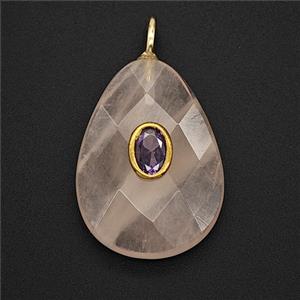 Natural Clear Crystal Quartz Teardrop Pendant Pave Zirconia Faceted, approx 18-25mm