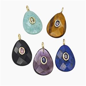 Natural Gemstone Teardrop Pendant Pave Zirconia Faceted Mix, approx 18-25mm