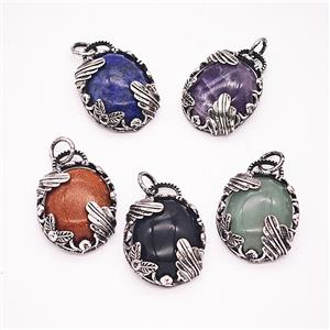 Gemstone Pendant, Antique Silver Plated, approx 20-25mm