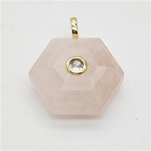 Natural Pink Rose Quartz Hexagon Pendant Pave Zirconia, approx 17-19mm