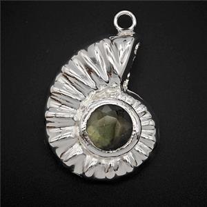 Copper Spiral Shell Pendant Pave Labradorite Hollow Shiny Silver, approx 26-33mm