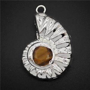 Copper Spiral Shell Pendant Pave Tigereye Hollow Shiny Silver, approx 26-33mm
