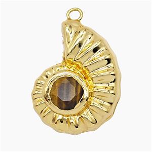 Copper Spiral Shell Pendant Pave Tigereye Hollow Gold Plated, approx 26-33mm
