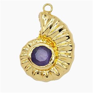 Copper Spiral Shell Pendant Pave Amethyst Hollow Gold Plated, approx 26-33mm