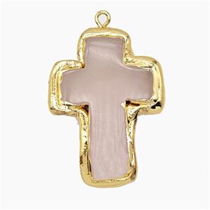 Natural Pink Rose Quartz Cross Pendant Gold Plated, approx 26-35mm