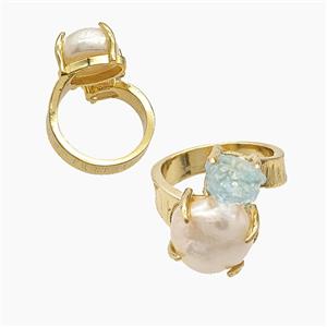 Copper Rings With Pearl Aquamarine Gold Plated, approx 8mm, 12mm, 18mm dia