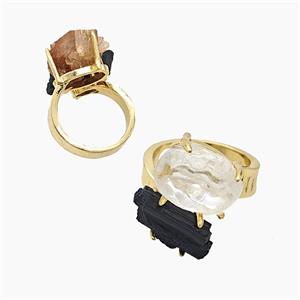 Copper Rings With Black Tourmaline Crystal Quartz Gold Plated, approx 8-15mm, 18mm dia