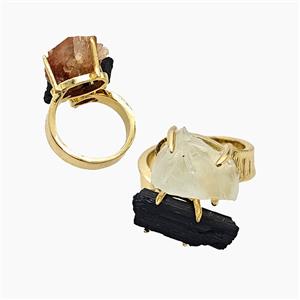 Copper Rings With Black Tourmaline Lemon Quartz Gold Plated, approx 8-15mm, 18mm dia