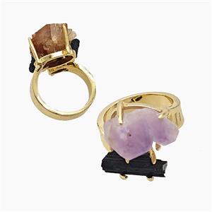 Copper Rings With Black Tourmaline Amethyst Gold Plated, approx 8-15mm, 18mm dia