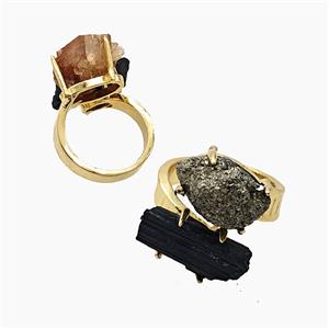 Copper Rings With Black Tourmaline Pyrite Gold Plated, approx 8-15mm, 18mm dia
