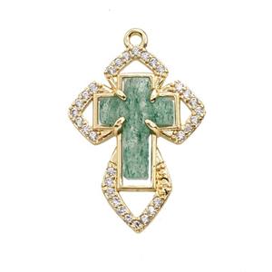 Copper Cross Pendant Pave Zirconia Strawberry Quartz Gold Plated, approx 18-25mm