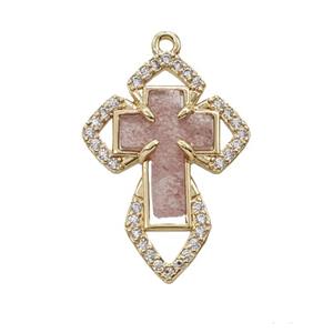 Copper Cross Pendant Pave Zirconia Strawberry Quartz Gold Plated, approx 18-25mm