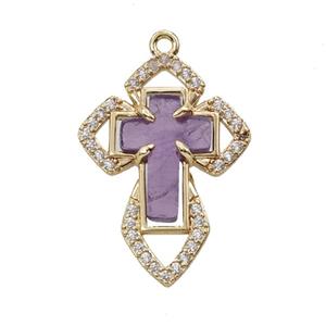 Copper Cross Pendant Pave Zirconia Amethyst Gold Plated, approx 18-25mm