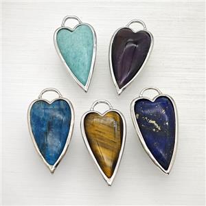Natural Gemstone Heart Pendant Platinum Plated Mixed, approx 18-35mm
