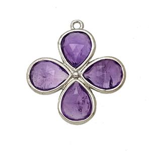 Natural Purple Amethyst Clover Pendant Platinum Plated, approx 25mm
