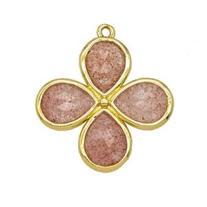 Natural Pink Strawberry Quartz Clover Pendant Gold Plated, approx 25mm