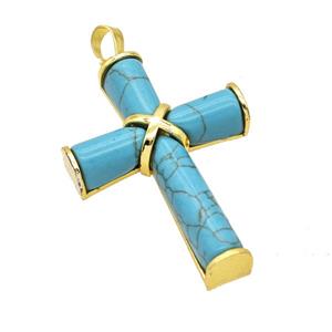 Natural Blue Howlite Turquoise Cross Pendant Alloy Gold Plated, approx 30-45mm