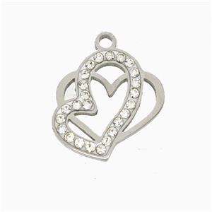 Raw Stainless Steel Heart Pendant Pave Rhinestone, approx 15mm