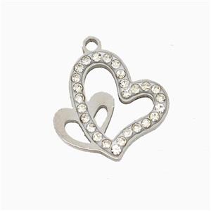 Raw Stainless Steel Heart Pendant Pave Rhinestone, approx 15-16mm