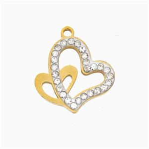 Stainless Steel Heart Pendant Pave Rhinestone Gold Plated, approx 15-16mm