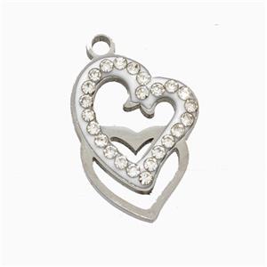 Raw Stainless Steel Heart Pendant Pave Rhinestone, approx 13-17mm