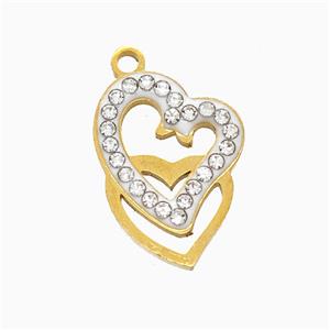 Stainless Steel Heart Pendant Pave Rhinestone Gold Plated, approx 13-17mm