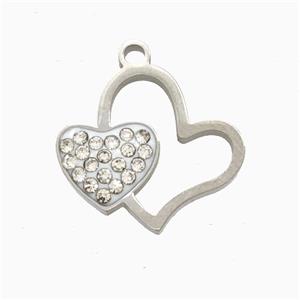 Raw Stainless Steel Heart Pendant Pave Rhinestone, approx 15-17mm