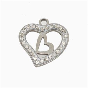 Raw Stainless Steel Heart Pendant Pave Rhinestone, approx 16mm