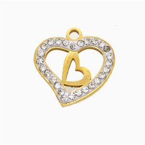 Stainless Steel Heart Pendant Pave Rhinestone Gold Plated, approx 16mm