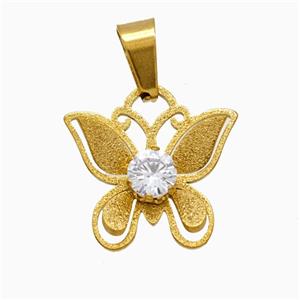 Stainless Steel Butterfly Pendant Pave Rhinestone Gold Plated, approx 17-18mm