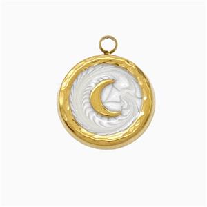 Stainless Steel Moon Pendant White Painted Gold Plated, approx 15mm