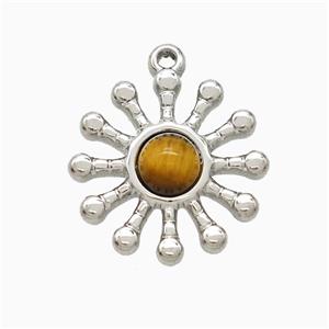 Raw Stainless Steel Flower Pendant Pave Tigereye, approx 17mm