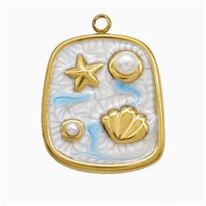 Stainless Steel Starfish Shell Pendant Pave Resin White Painted Gold Plated, approx 17-21mm