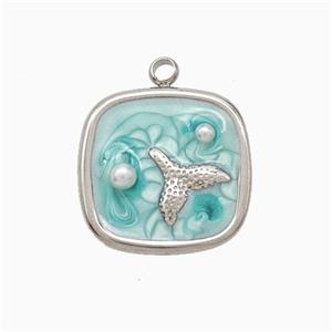 Raw Stainless Steel Mermaid-Tail Pendant Pave Resin Green Painted, approx 16mm