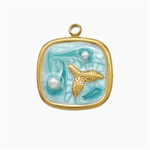 Stainless Steel Mermaid-Tail Pendant Pave Resin Green Painted Gold Plated, approx 16mm