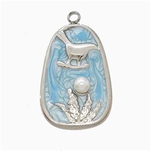 Raw Stainless Steel Bird Pendant Pave Resin Blue Painted Flower, approx 15-23mm