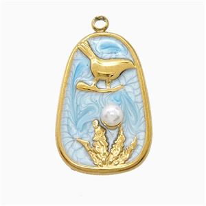 Stainless Steel Bird Pendant Pave Resin Blue Painted Flower Gold Plated, approx 15-23mm