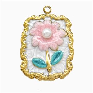 Stainless Steel Flower Pendant Pave Resin Painted Gold Plated, approx 17-23mm
