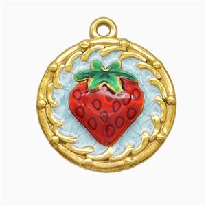 Stainless Steel Strawberry Pendant Red Painted Gold Plated, approx 20mm