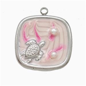 Raw Stainless Steel Tortoise Pendant Pave Resin Pink Painted, approx 20mm