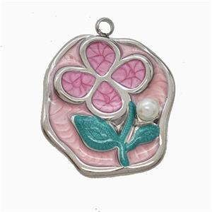 Raw Stainless Steel Flower Pendant Pink Painted, approx 20-21mm