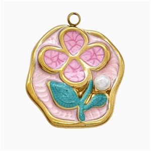 Stainless Steel Flower Pendant Pink Painted Gold Plated, approx 20-21mm