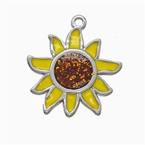 Raw Stainless Steel Sunflower Pendant Yellow Enamel, approx 25mm