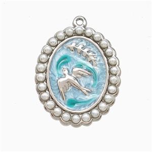 Raw Stainless Steel Bireds Pendant Pave Resin Teal Painted Leaf, approx 20-24mm