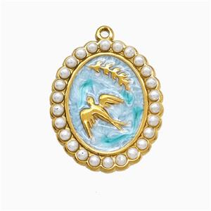 Stainless Steel Bireds Pendant Pave Resin Teal Painted Leaf Gold Plated, approx 20-24mm