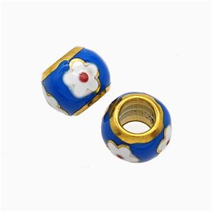 Stainless Steel Round Beads Blue Enamel Large Hole Flower Gold Plated, approx 10mm, 5mm hole